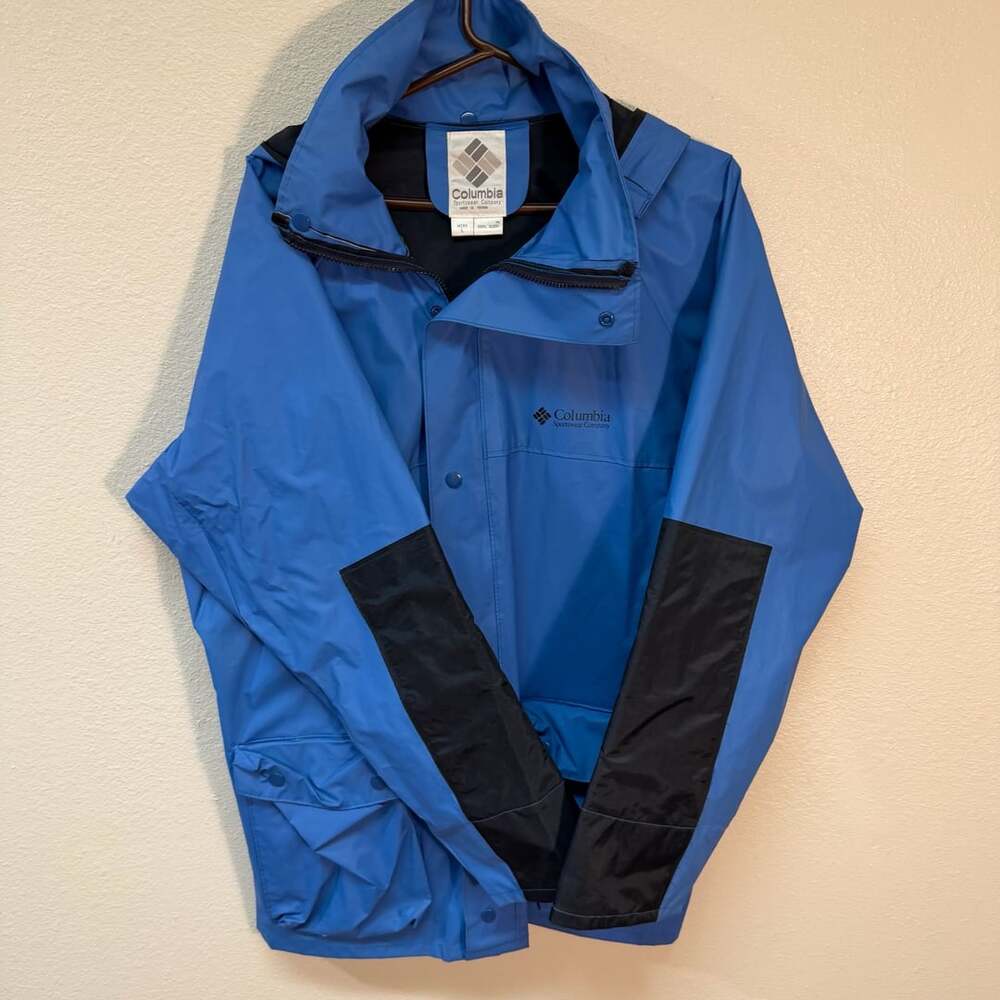 Columbia Rain Jacket Size L Vintage Blue Black Radial Sleeve